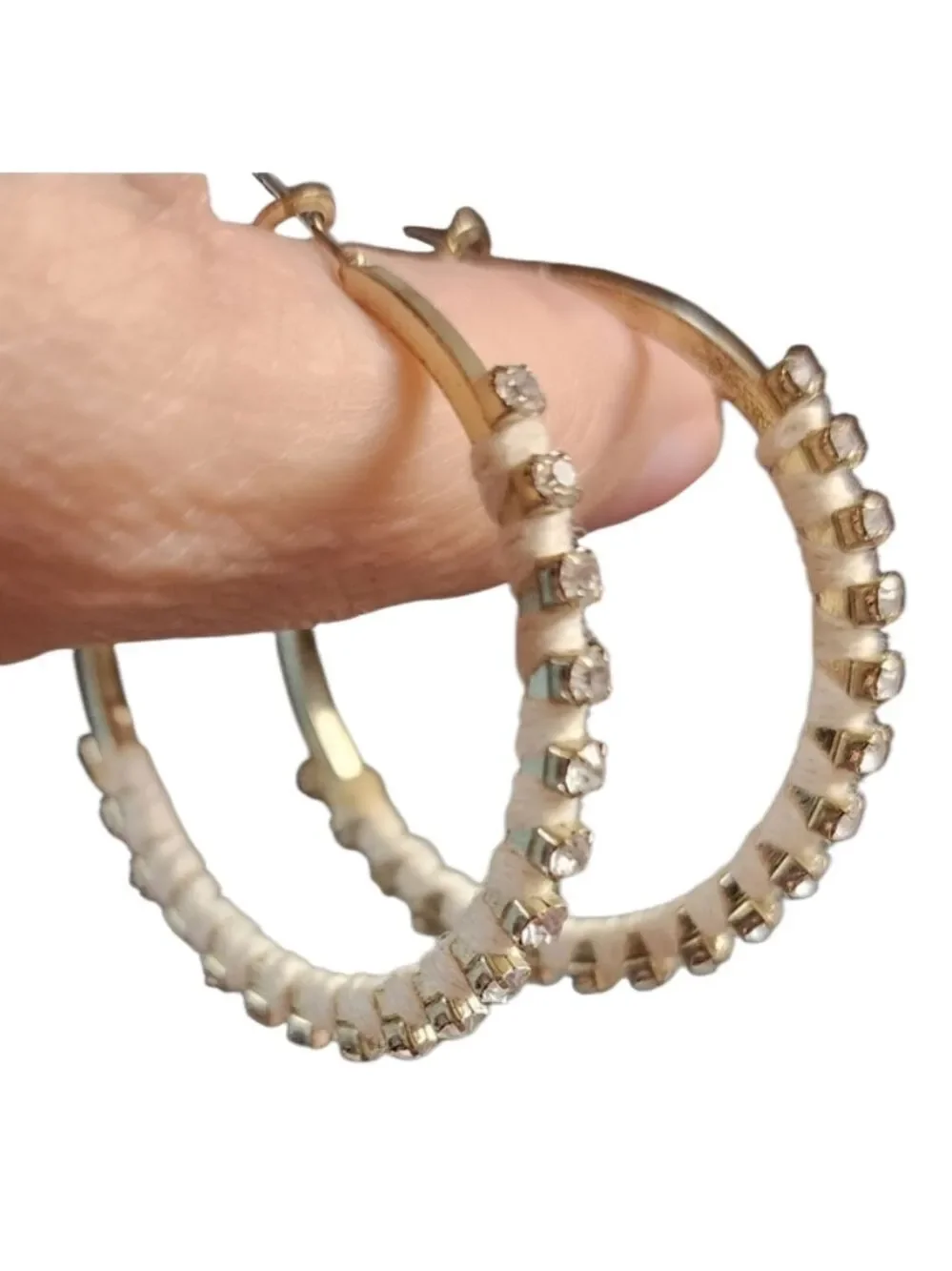 Goldtone Hoop Earrings Rhinestone White Wrapping
